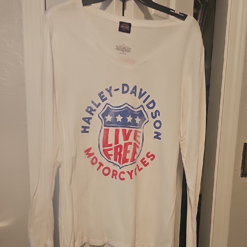 Harley-Davidson White Long Sleeve with Red and Blue Logo